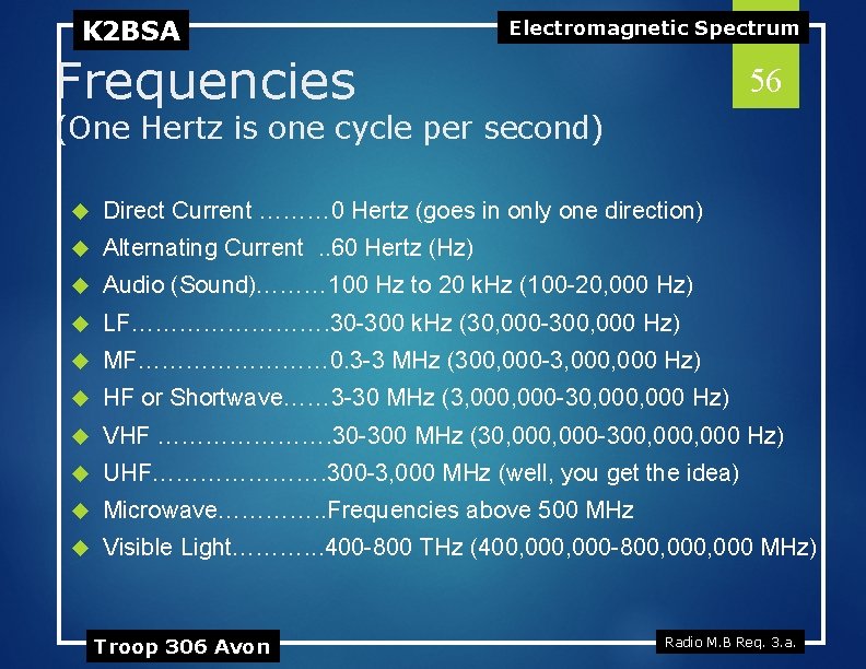 K 2 BSA Electromagnetic Spectrum Frequencies 56 (One Hertz is one cycle per second)