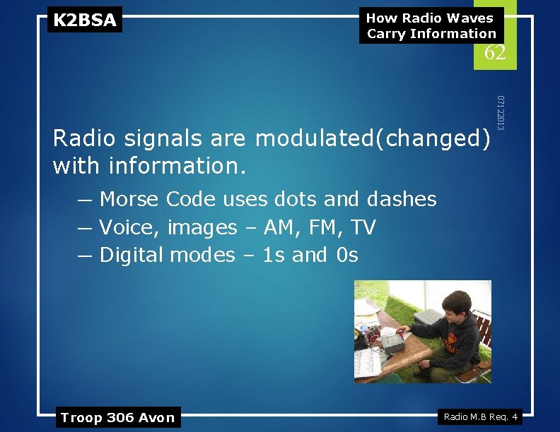 K 2 BSA How Radio Waves Carry Information 62 07122013 Radio signals are modulated(changed)