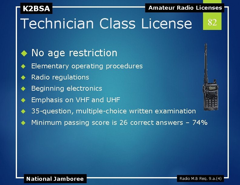 K 2 BSA Amateur Radio Licenses Technician Class License 82 No age restriction Elementary