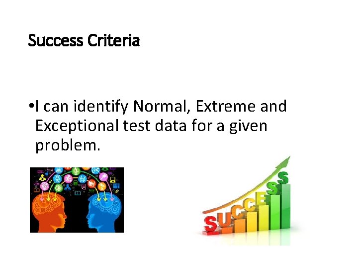 Success Criteria • I can identify Normal, Extreme and Exceptional test data for a