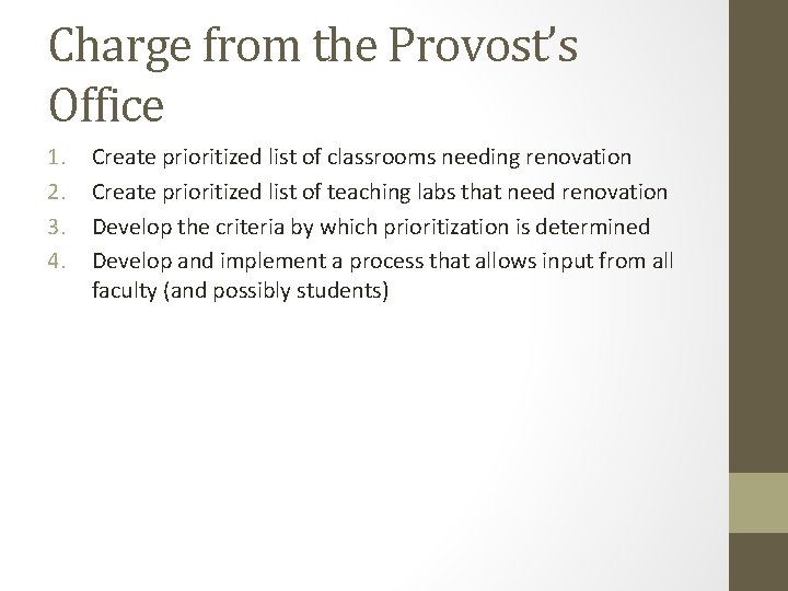 Charge from the Provost’s Office 1. 2. 3. 4. Create prioritized list of classrooms