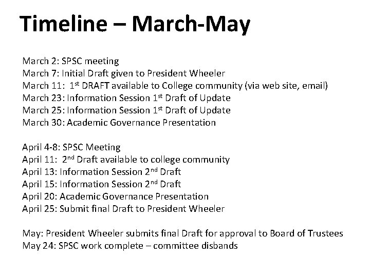 Timeline – March-May March 2: SPSC meeting March 7: Initial Draft given to President