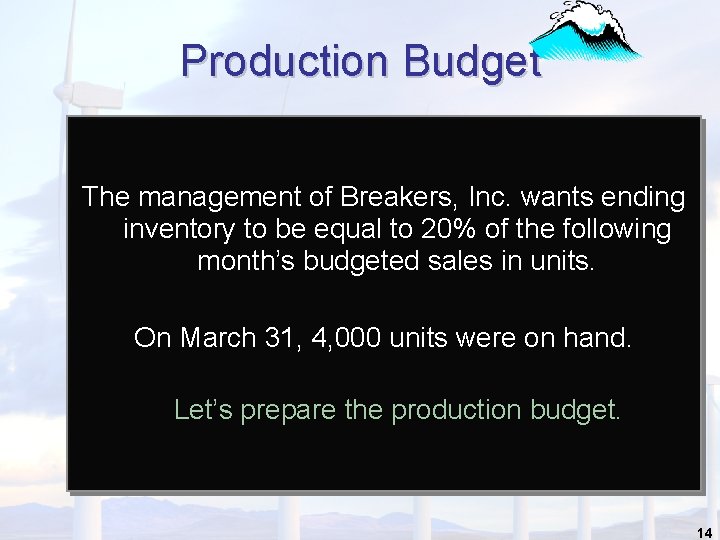 Production Budget The management of Breakers, Inc. wants ending inventory to be equal to