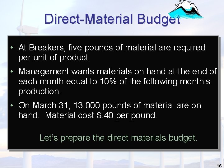 Direct-Material Budget • At Breakers, five pounds of material are required per unit of
