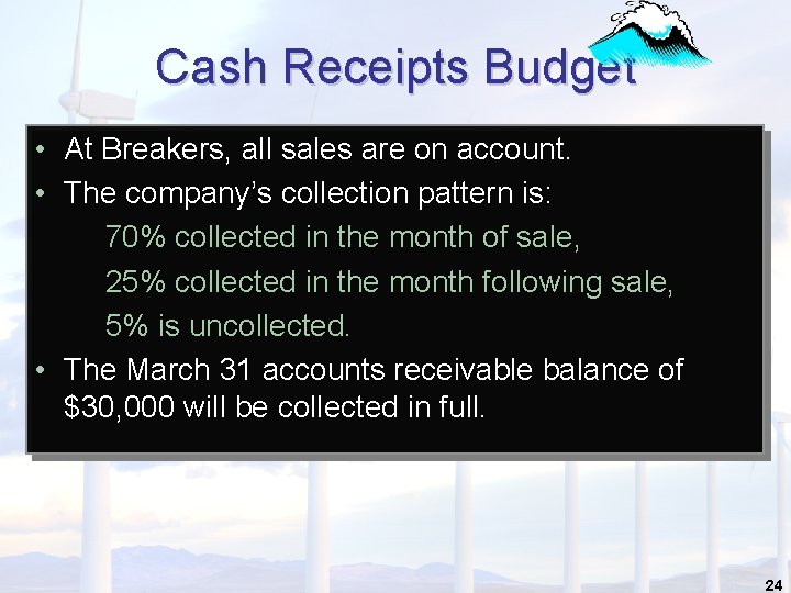 Cash Receipts Budget • At Breakers, all sales are on account. • The company’s