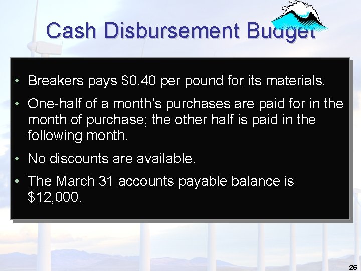 Cash Disbursement Budget • Breakers pays $0. 40 per pound for its materials. •