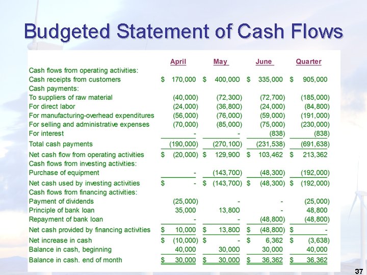 Budgeted Statement of Cash Flows 37 