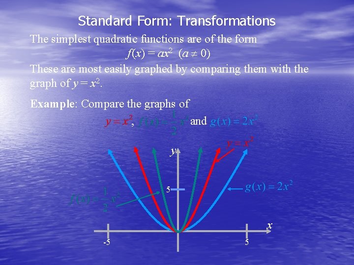 Standard Form: Transformations The simplest quadratic functions are of the form f (x) =