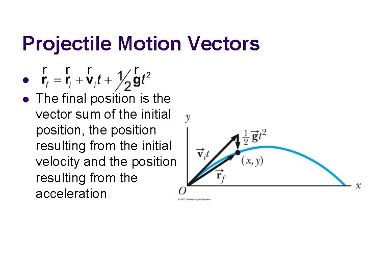 Projectile Motion Vectors l l The final position is the vector sum of the
