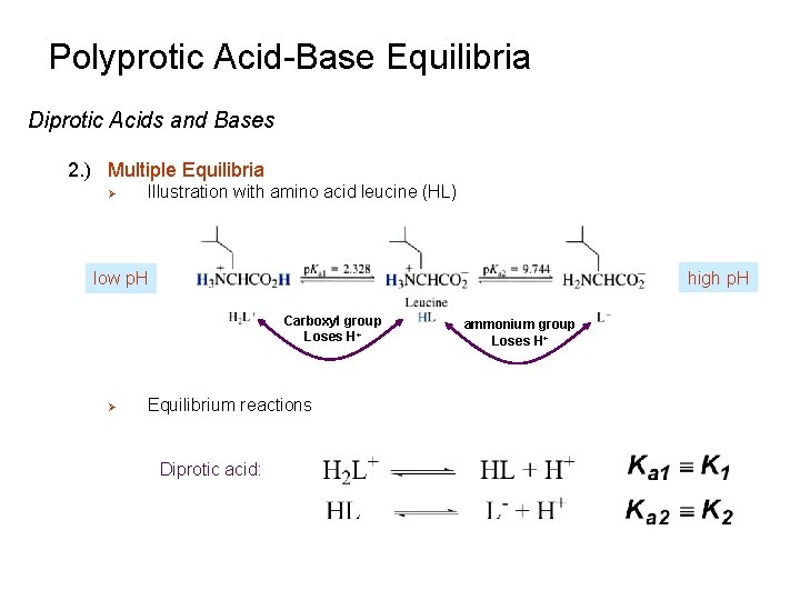 Polyprotic Acid-Base Equilibria Diprotic Acids and Bases 2. ) Multiple Equilibria Ø Illustration with