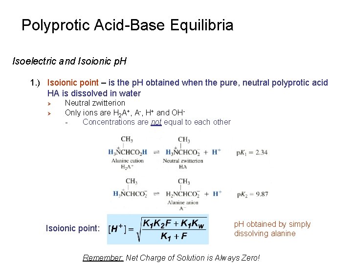 Polyprotic Acid-Base Equilibria Isoelectric and Isoionic p. H 1. ) Isoionic point – is