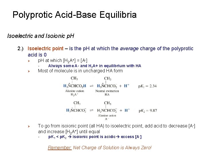 Polyprotic Acid-Base Equilibria Isoelectric and Isoionic p. H 2. ) Isoelectric point – is