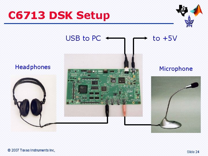 C 6713 DSK Setup USB to PC Headphones © 2007 Texas Instruments Inc, to