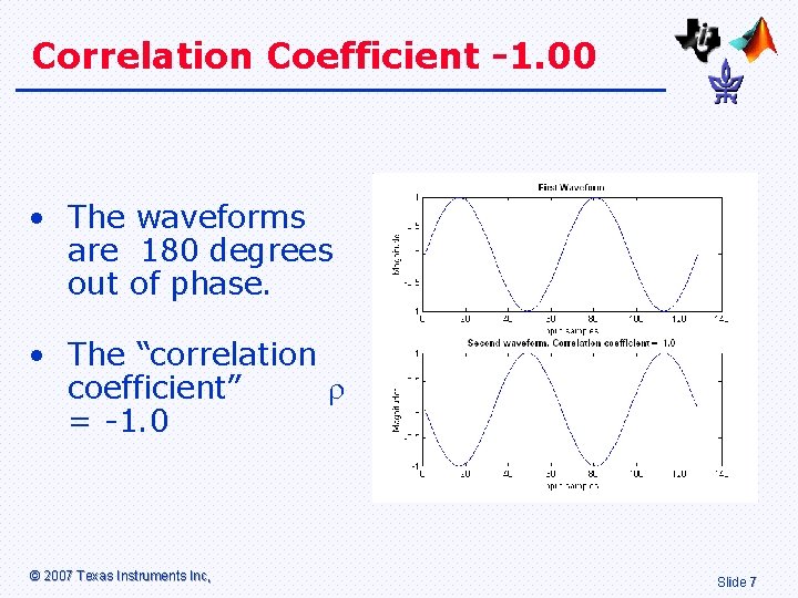Correlation Coefficient -1. 00 • The waveforms are 180 degrees out of phase. •