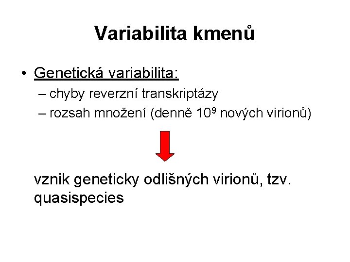 Variabilita kmenů • Genetická variabilita: – chyby reverzní transkriptázy – rozsah množení (denně 109