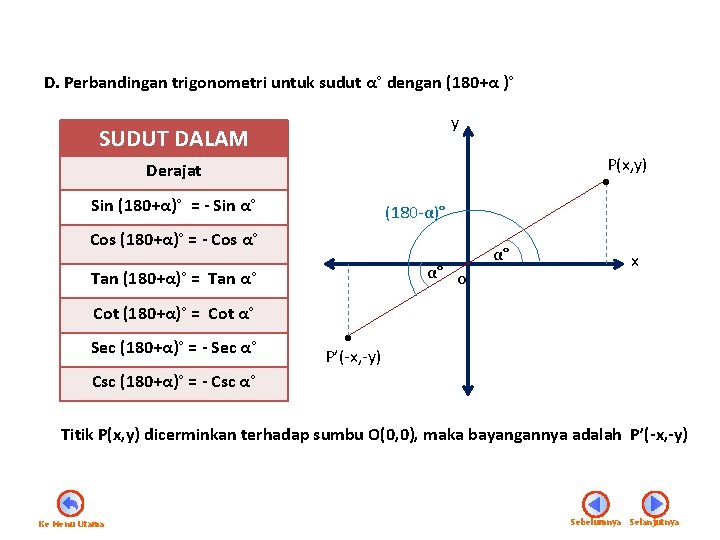 D. Perbandingan trigonometri untuk sudut α° dengan (180+α )° y SUDUT DALAM P(x, y)