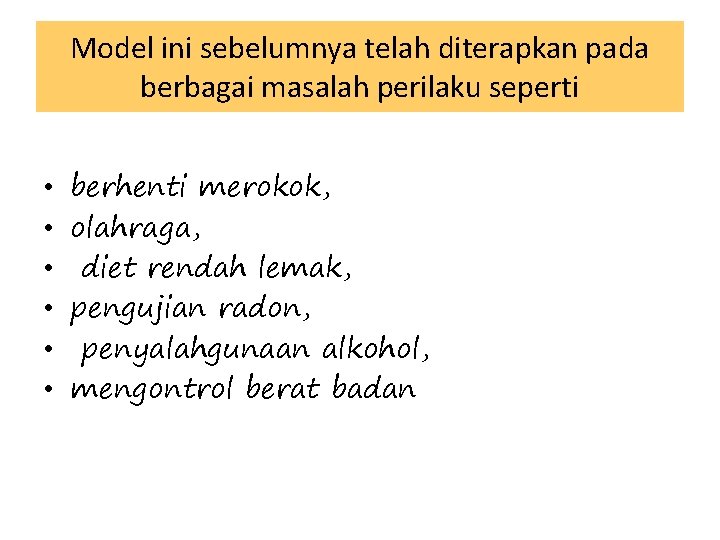 Model ini sebelumnya telah diterapkan pada berbagai masalah perilaku seperti • • • berhenti