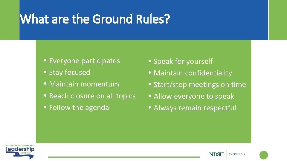 What are the Ground Rules? • • • Everyone participates Stay focused Maintain momentum