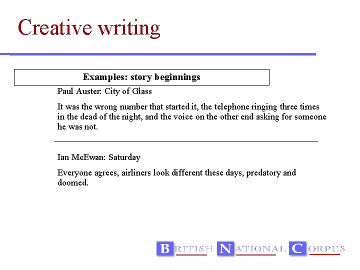 Creative writing Examples: story beginnings Paul Auster: City of Glass It was the wrong