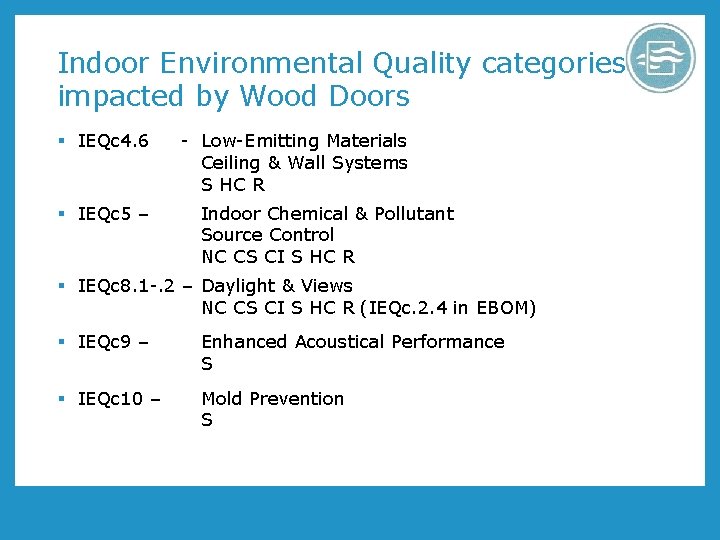 Indoor Environmental Quality categories impacted by Wood Doors § IEQc 4. 6 - Low-Emitting