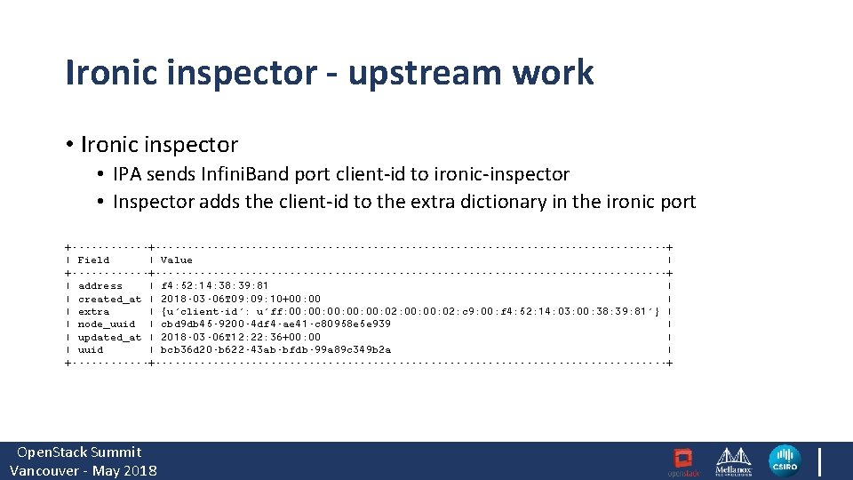 Ironic inspector - upstream work • Ironic inspector • IPA sends Infini. Band port