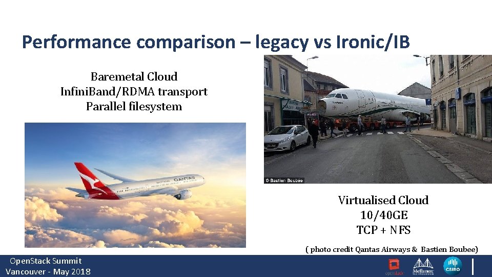 Performance comparison – legacy vs Ironic/IB Baremetal Cloud Infini. Band/RDMA transport Parallel filesystem Virtualised