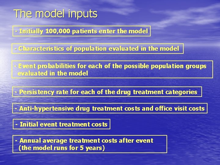 The model inputs - Initially 100, 000 patients enter the model - Characteristics of