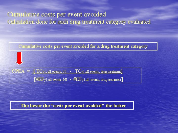 Cumulative costs per event avoided Calculation done for each drug treatment category evaluated Cumulative
