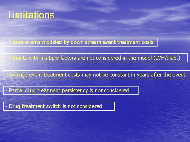 Limitations - Future events modeled by down stream event treatment costs - Patients with