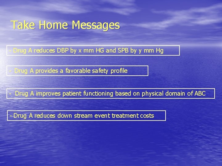 Take Home Messages - Drug A reduces DBP by x mm HG and SPB