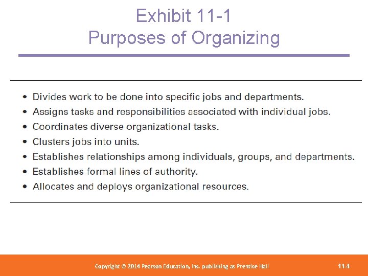 Exhibit 11 -1 Purposes of Organizing Copyright 2012 Pearson Education, Copyright © 2014 Pearson©Education,