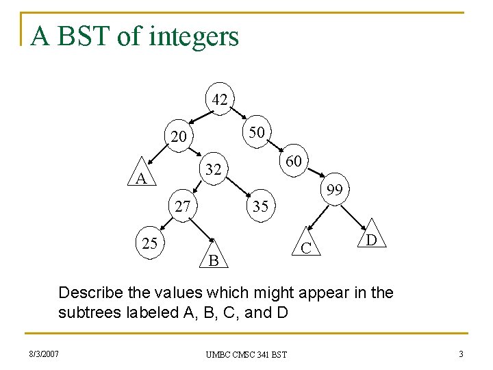 A BST of integers 42 50 20 A 27 25 60 32 99 35