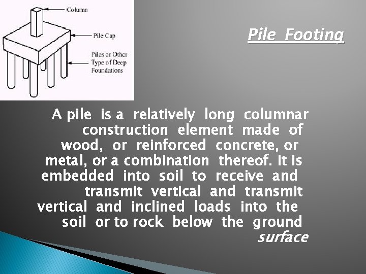  Pile Footing A pile is a relatively long columnar construction element made of
