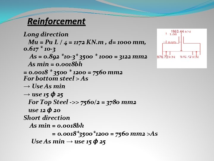  Reinforcement Long direction Mu = Pu L / 4 = 1172 KN. m