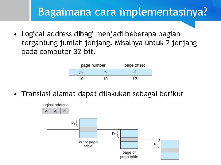 Bagaimana cara implementasinya? • Logical address dibagi menjadi beberapa bagian tergantung jumlah jenjang. Misalnya