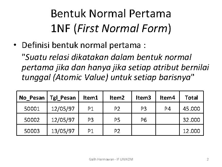 Bentuk Normal Pertama 1 NF (First Normal Form) • Definisi bentuk normal pertama :