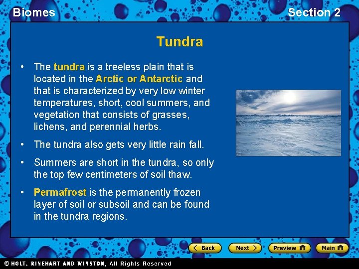 Biomes Section 2 Tundra • The tundra is a treeless plain that is located