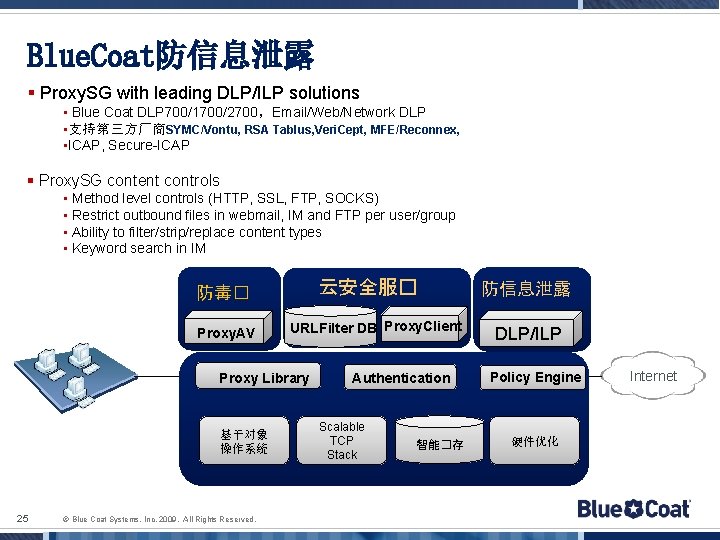 Blue. Coat防信息泄露 § Proxy. SG with leading DLP/ILP solutions • Blue Coat DLP 700/1700/2700，Email/Web/Network