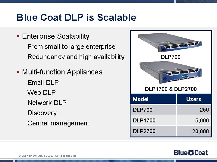 Blue Coat DLP is Scalable § Enterprise Scalability From small to large enterprise Redundancy
