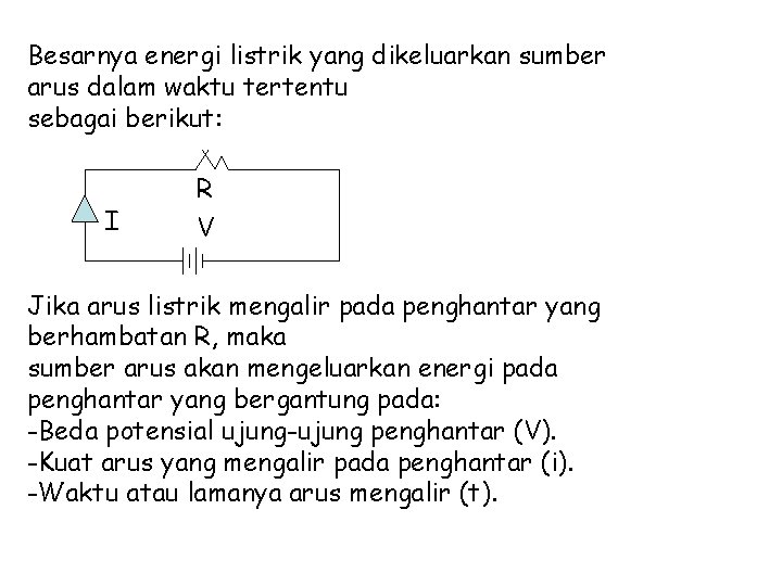 Besarnya energi listrik yang dikeluarkan sumber arus dalam waktu tertentu sebagai berikut: I R