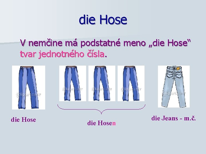 die Hose V nemčine má podstatné meno „die Hose“ tvar jednotného čísla. die Hosen