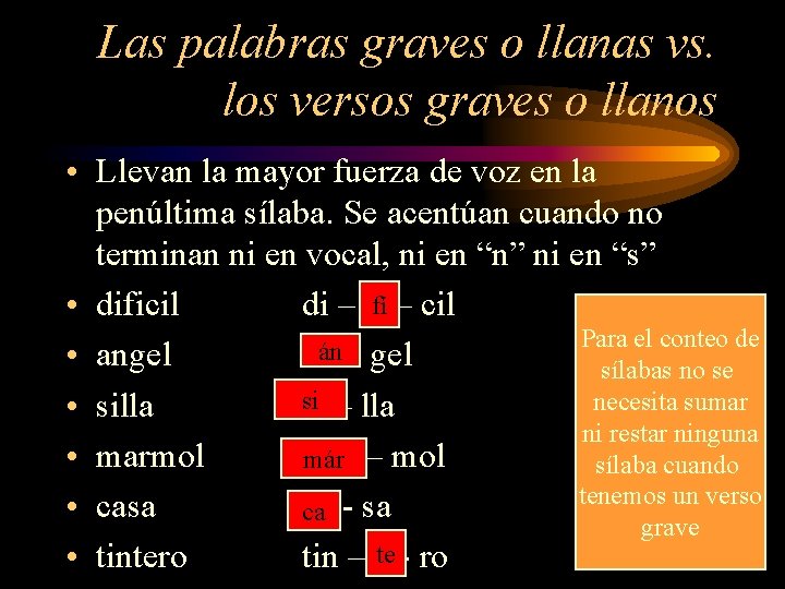 Las palabras graves o llanas vs. los versos graves o llanos • Llevan la