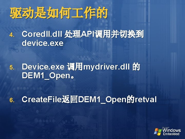 驱动是如何 作的 4. Coredll. dll 处理API调用并切换到 device. exe 5. Device. exe 调用mydriver. dll 的