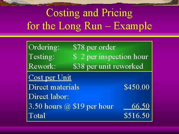 Costing and Pricing for the Long Run – Example Ordering: $78 per order Testing: