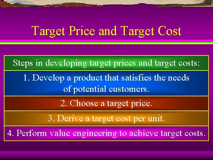 Target Price and Target Cost Steps in developing target prices and target costs: 1.