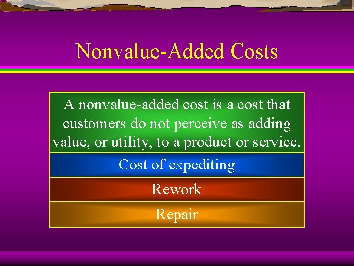 Nonvalue-Added Costs A nonvalue-added cost is a cost that customers do not perceive as