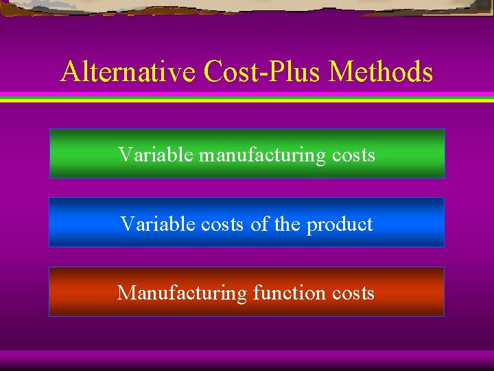 Alternative Cost-Plus Methods Variable manufacturing costs Variable costs of the product Manufacturing function costs