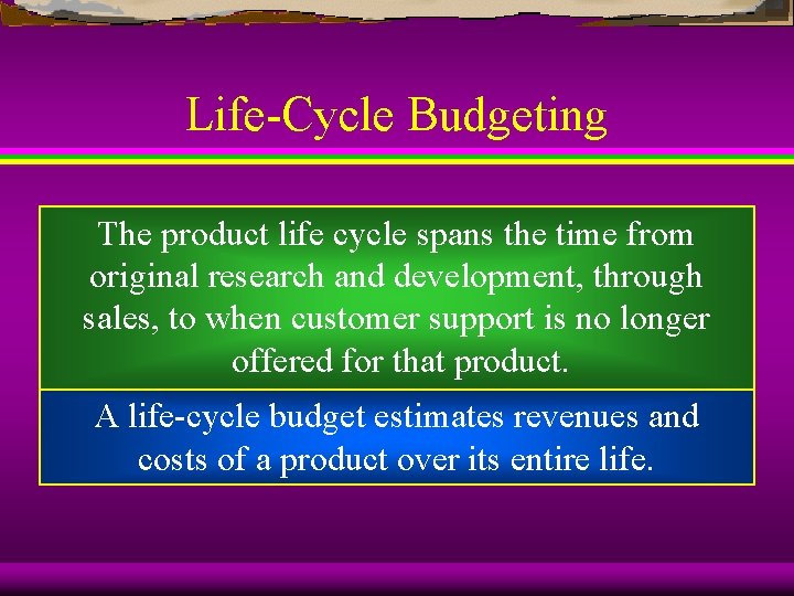 Life-Cycle Budgeting The product life cycle spans the time from original research and development,