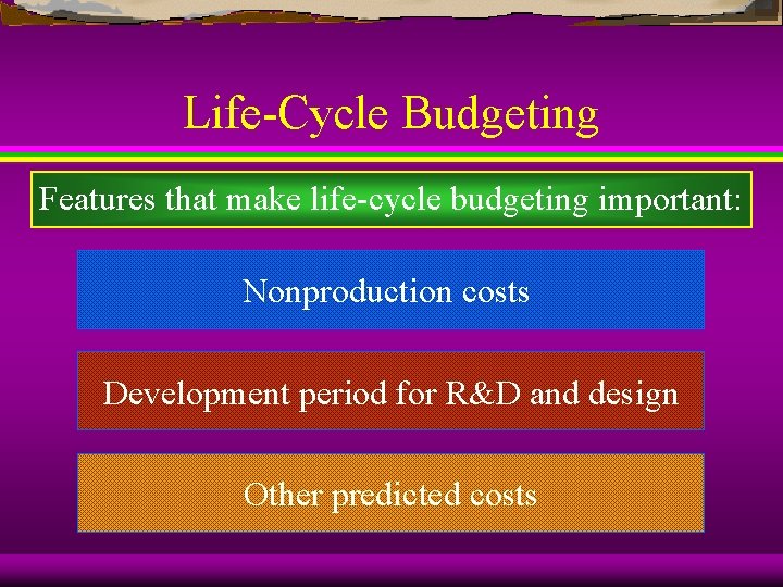 Life-Cycle Budgeting Features that make life-cycle budgeting important: Nonproduction costs Development period for R&D