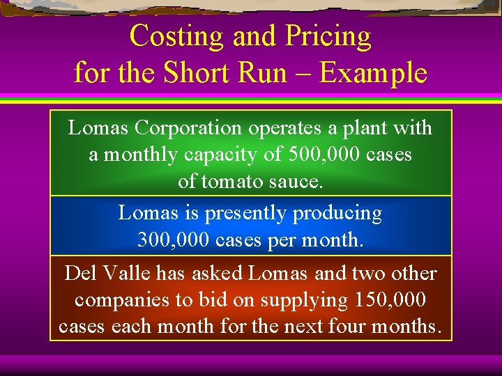 Costing and Pricing for the Short Run – Example Lomas Corporation operates a plant